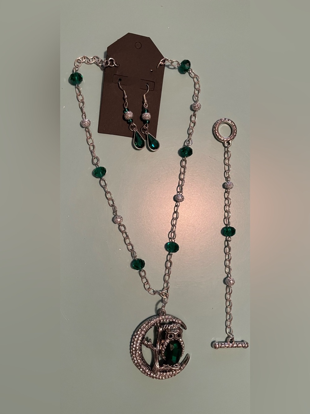 Silver Moon & Owl Necklace, Bracelet, & Earrings Set- with Emerald Green Crystal